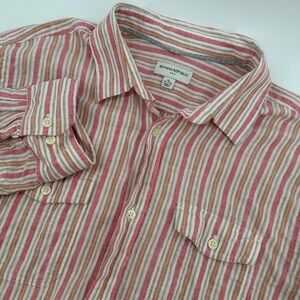 Banana Republic Mens XL Linen Cotton Striped Button Down Shirt Red Orange Tan